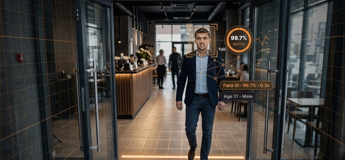 LUMEN entrance camera — live face-level customer recognition with match score and demographic readout