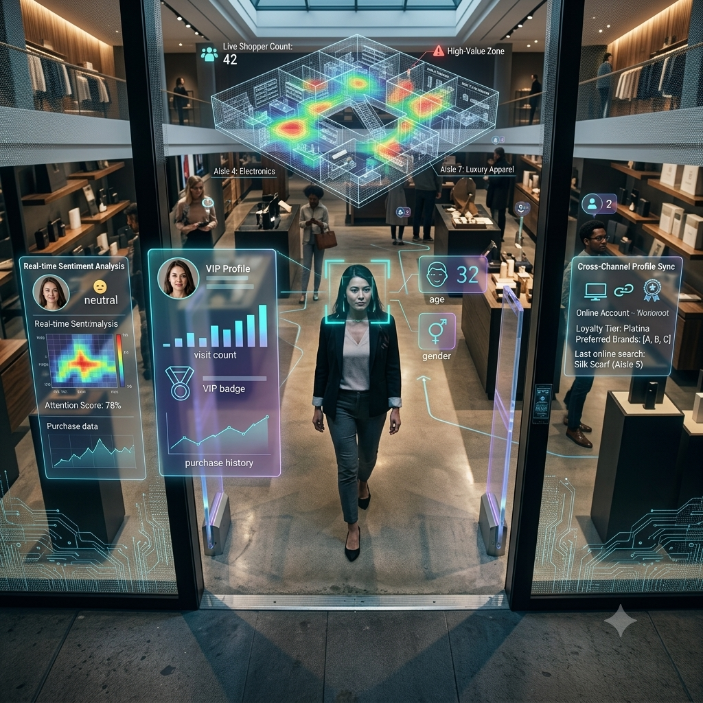 Market analytics dashboard preview showing real-time footfall and zone-level analytics across the retail floor
