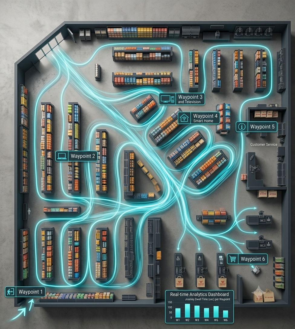 LUMEN store-floor heatmap — top-down footfall paths, waypoints and dead-zone detection