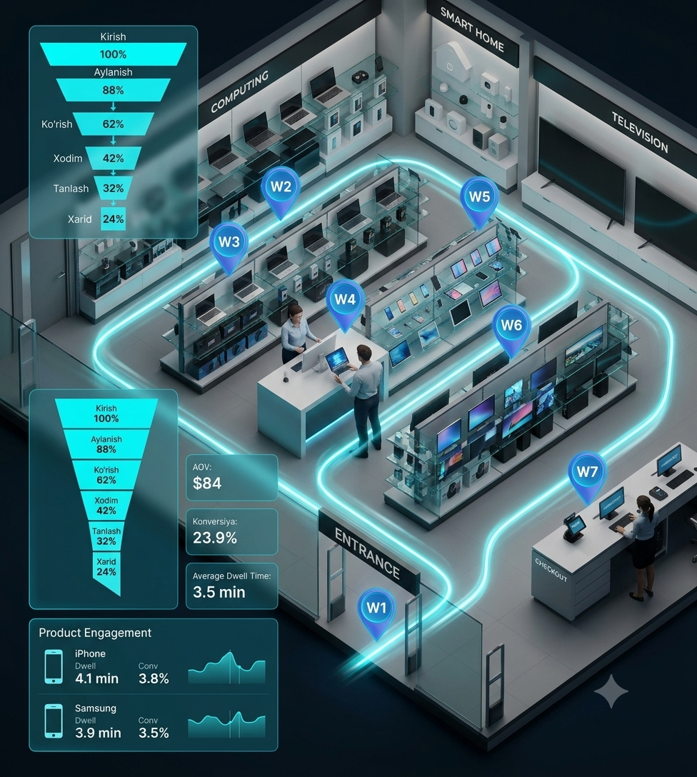 LUMEN shopper journey — isometric store with live path waypoints, conversion funnel and dwell-time analytics