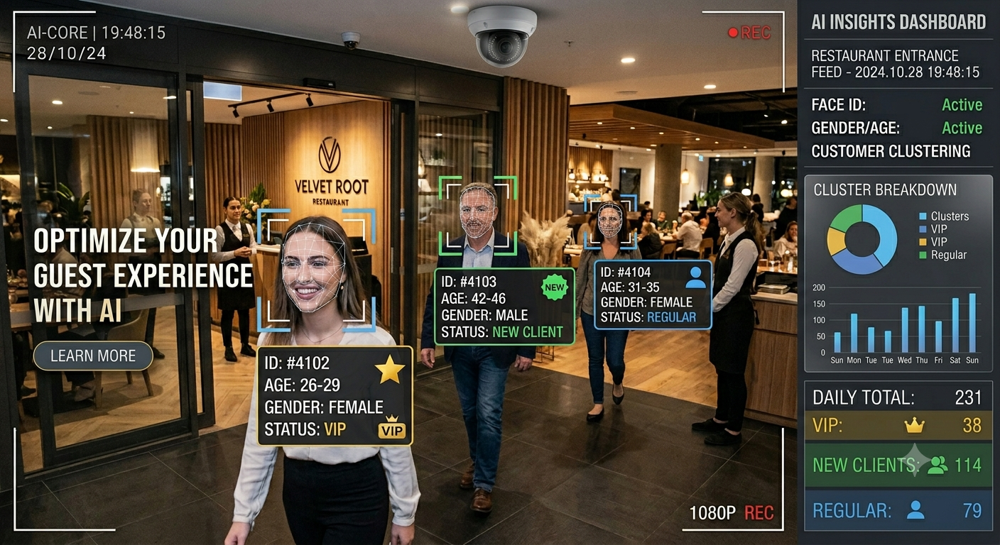 SERVO restaurant entrance camera — live guest face recognition with age/gender clustering and AI insights dashboard