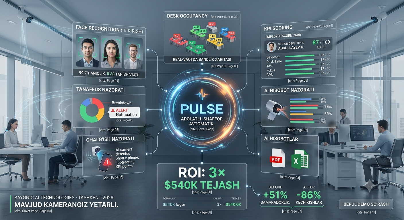 PULSE dashboard preview showing facial recognition and live attendance analytics