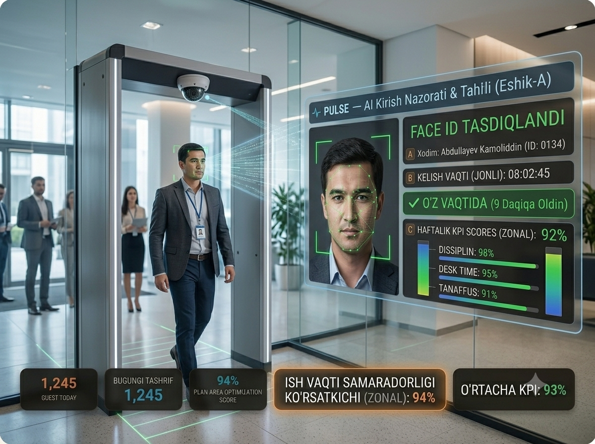 PULSE Face-ID entrance camera — live recognition at the gate with attendance and KPI overlay